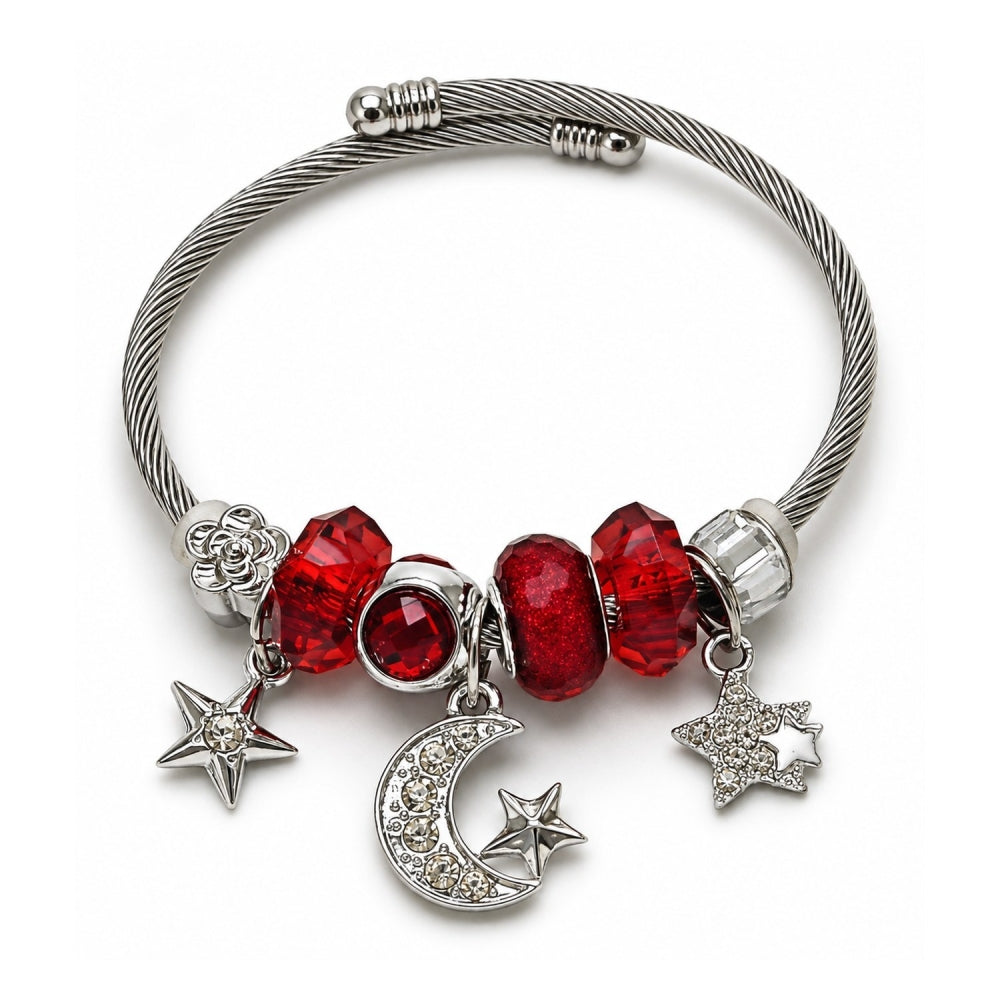 Stainless Steel Individual Bangle, Moon and Star Design, with Siam and Crystal Crystal, Polished, Steel Finish