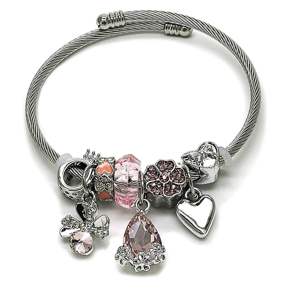 Stainless Steel Individual Bangle, Four-leaf Clover and Teardrop Design, with Light Rose and Crystal Crystal, Polished, Steel Finish