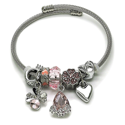 Stainless Steel Individual Bangle, Four-leaf Clover and Teardrop Design, with Light Rose and Crystal Crystal, Polished, Steel Finish