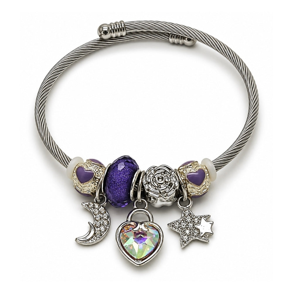 Stainless Steel Individual Bangle, Heart and Moon Design, with Aurore Boreale and Crystal Crystal, Purple Enamel Finish, Steel Finish