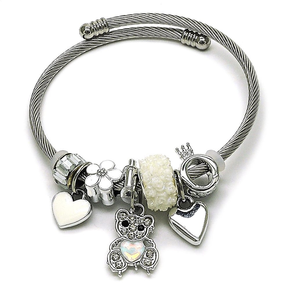Stainless Steel Individual Bangle, Teddy Bear and Heart Design, with Chrysolite Opal and Crystal Crystal, White Enamel Finish, Steel Finish