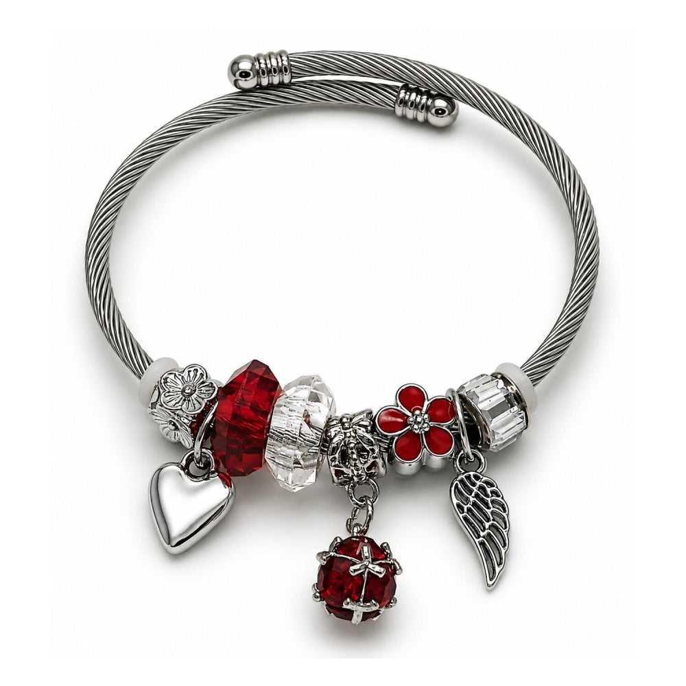 Stainless Steel Individual Bangle, Ball and Heart Design, with Siam and Crystal Crystal, Red Enamel Finish, Steel Finish