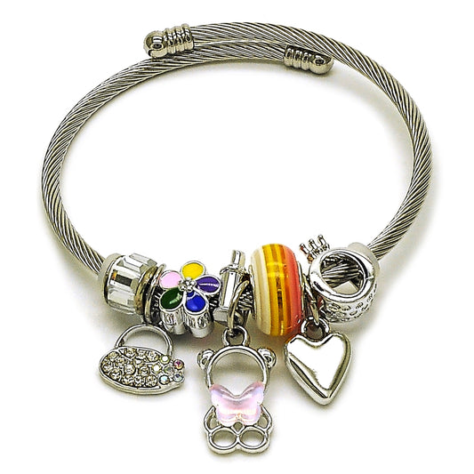 Stainless Steel Individual Bangle, Teddy Bear and Heart Design, with Aurore Boreale and Light Rose Crystal, Multicolor Enamel Finish, Steel Finish