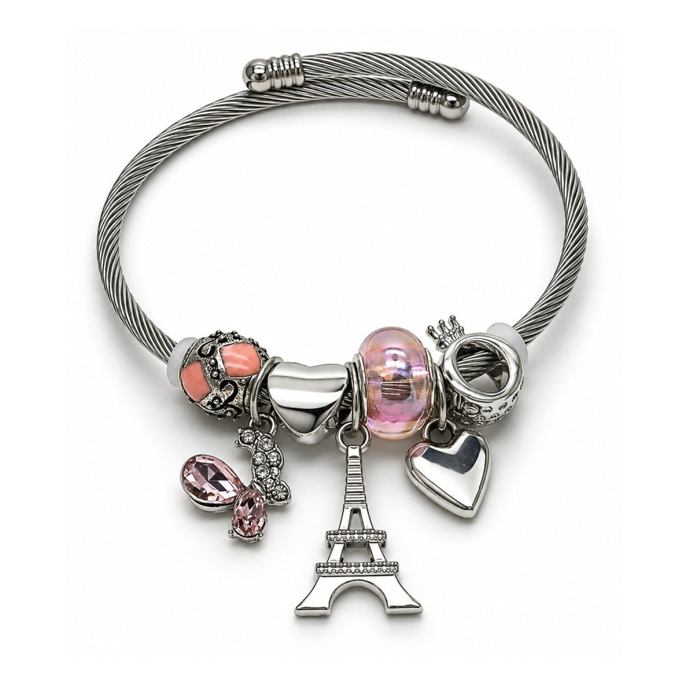 Stainless Steel Individual Bangle, Eiffel Tower and Butterfly Design, with Light Rose and Aurore Boreale Crystal, Pink Enamel Finish, Steel Finish