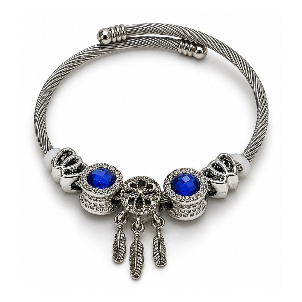 Stainless Steel Individual Bangle, Heart and Leaf Design, with Sapphire Blue and Crystal Crystal, Polished, Steel Finish