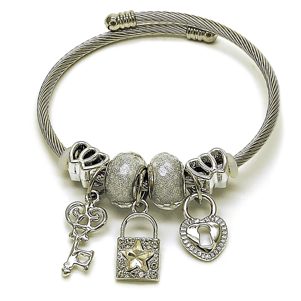 Stainless Steel Individual Bangle, key and Lock Design, with Blue Shade and Crystal Crystal, Polished, Steel Finish