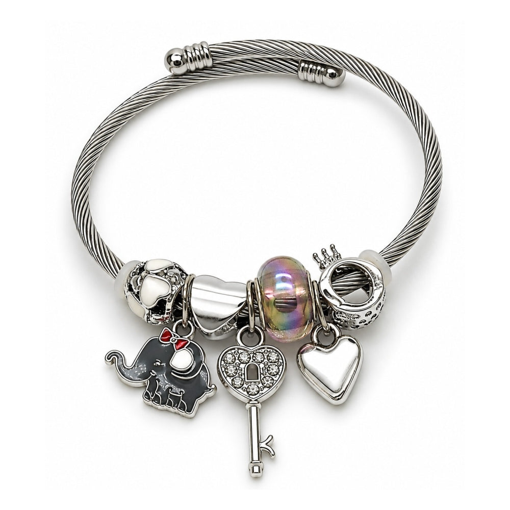 Stainless Steel Individual Bangle, Elephant and Heart Design, with Crystal and Paradise Shine Crystal, Grey Enamel Finish, Steel Finish