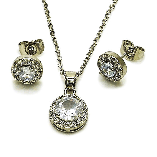 Rhodium Gold Filled Earring and Pendant Adult Set, Cluster Design, with White Cubic Zirconia, Polished, Rhodium Finish