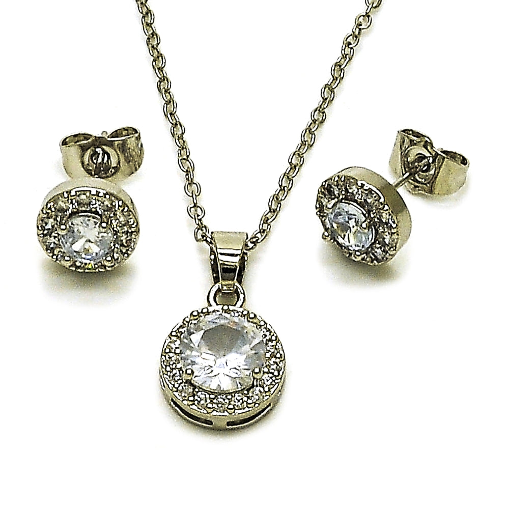 Rhodium Gold Filled Earring and Pendant Adult Set, Cluster Design, with White Cubic Zirconia, Polished, Rhodium Finish