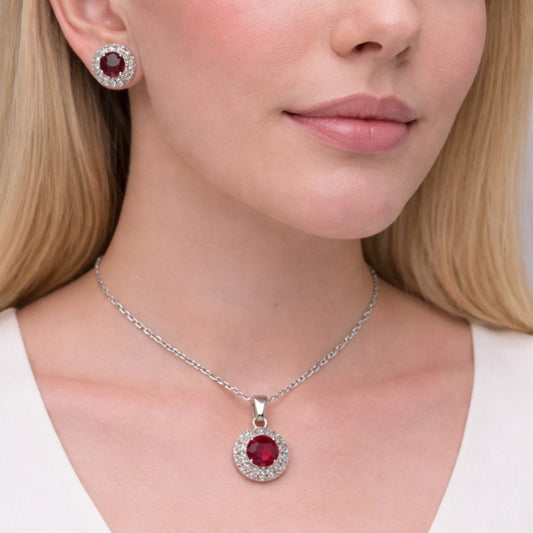 Rhodium Gold Filled Earring and Pendant Adult Set, Cluster and Rolo Design, with Garnet and White Cubic Zirconia, Polished, Rhodium Finish