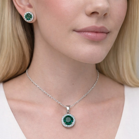 Rhodium Gold Filled Earring and Pendant Adult Set, Cluster and Rolo Design, with Green and White Cubic Zirconia, Polished, Rhodium Finish