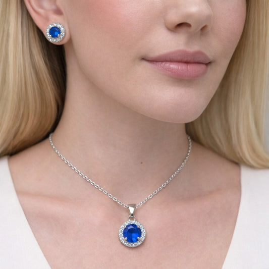 Rhodium Gold Filled Earring and Pendant Adult Set, Cluster and Rolo Design, with Sapphire Blue and White Cubic Zirconia, Polished, Rhodium Finish