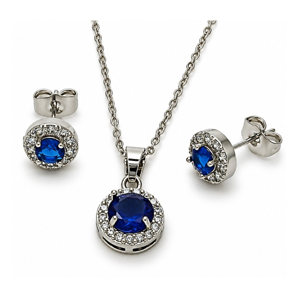 White Gold Filled Earring and Pendant Adult Set, Cluster and Rolo Design, with Sapphire Blue and White Cubic Zirconia, Polished, Rhodium Finish