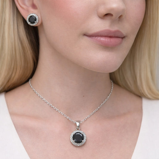 White Gold Filled Earring and Pendant Adult Set, Cluster and Rolo Design, with Black and White Cubic Zirconia, Polished, Rhodium Finish