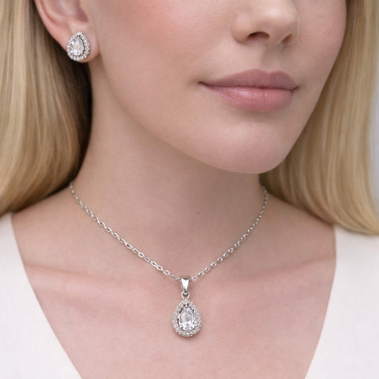 Rhodium Gold Filled Earring and Pendant Adult Set, Teardrop and Cluster Design, with White Cubic Zirconia and White Micro Pave, Polished, Rhodium Finish