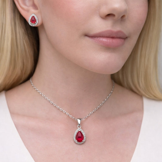 Rhodium Gold Filled Earring and Pendant Adult Set, Teardrop and Cluster Design, with Garnet Cubic Zirconia and White Micro Pave, Polished, Rhodium Finish