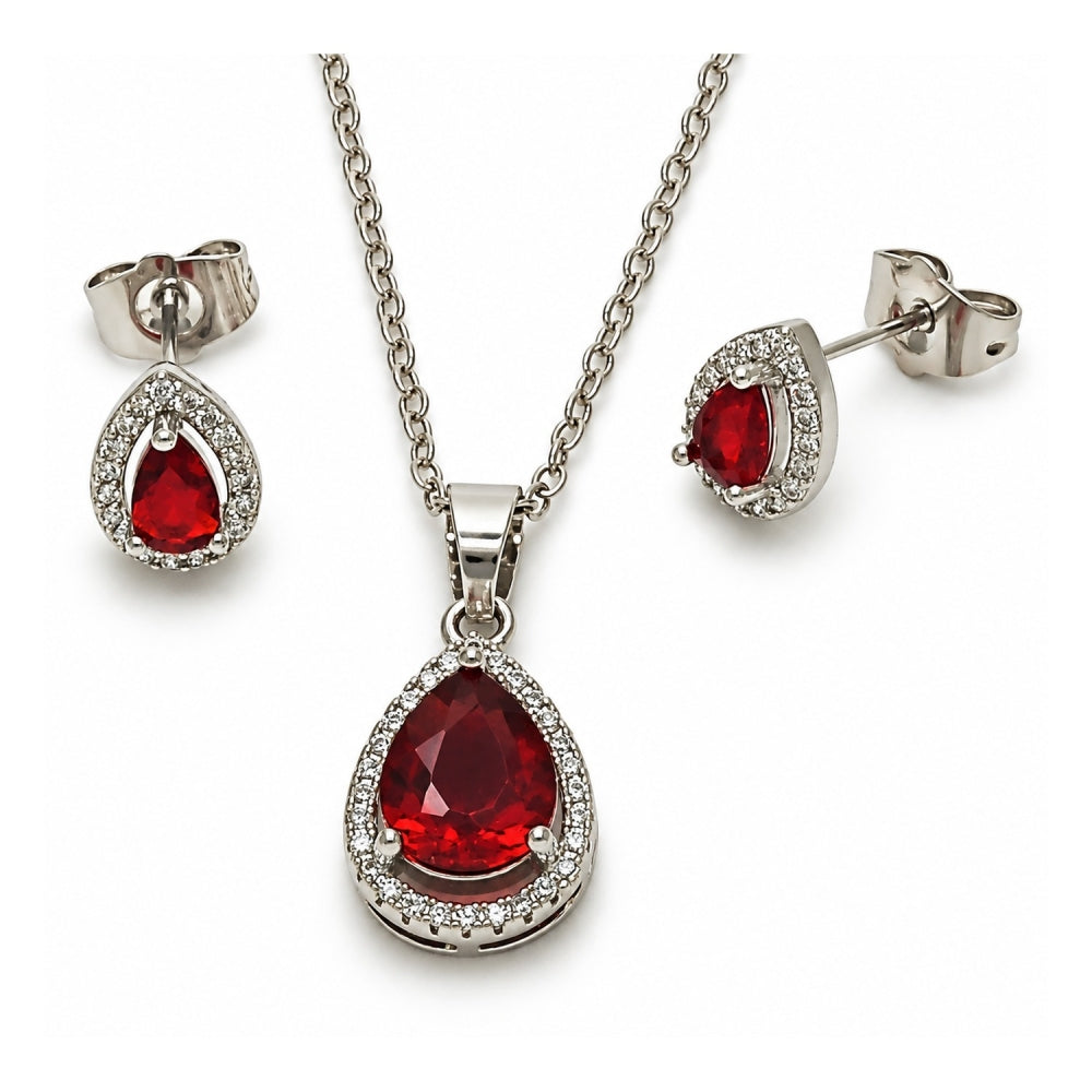 White Gold Filled Earring and Pendant Adult Set, Teardrop and Cluster Design, with Garnet Cubic Zirconia and White Micro Pave, Polished, Rhodium Finish