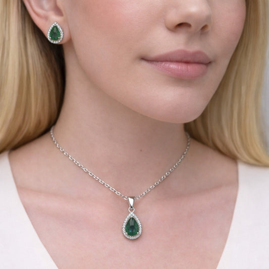 Rhodium Gold Filled Earring and Pendant Adult Set, Teardrop and Cluster Design, with Green Cubic Zirconia and White Micro Pave, Polished, Rhodium Finish