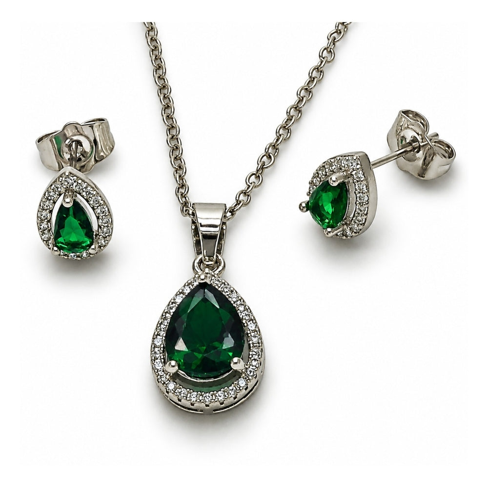 White Gold Filled Earring and Pendant Adult Set, Teardrop and Cluster Design, with Green Cubic Zirconia and White Micro Pave, Polished, Rhodium Finish