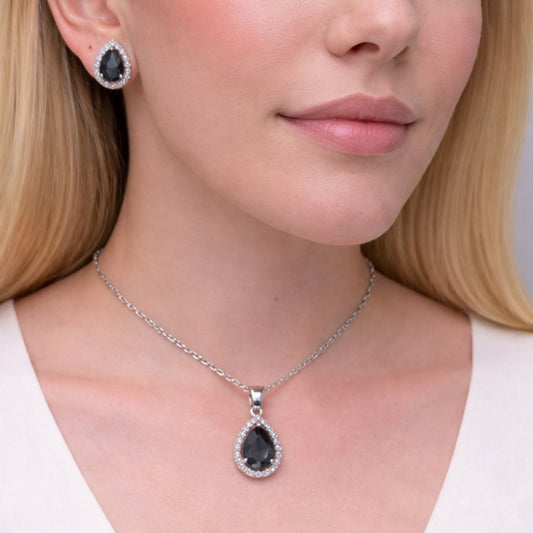Rhodium Gold Filled Earring and Pendant Adult Set, Teardrop and Cluster Design, with Black Cubic Zirconia and White Micro Pave, Polished, Rhodium Finish