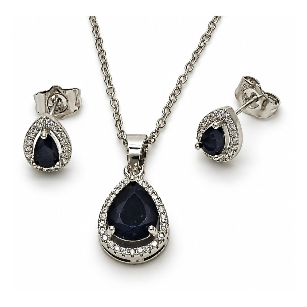 White Gold Filled Earring and Pendant Adult Set, Teardrop and Cluster Design, with Black Cubic Zirconia and White Micro Pave, Polished, Rhodium Finish