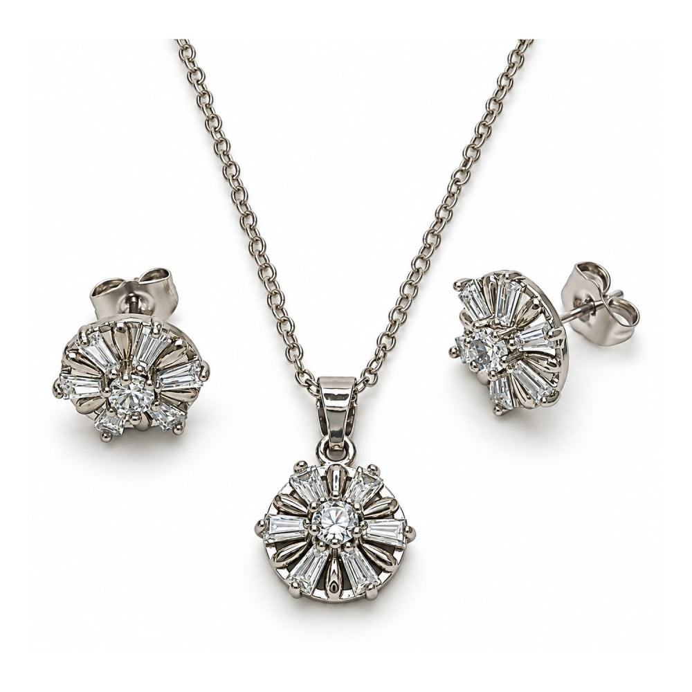 White Gold Filled Earring and Pendant Adult Set, Flower and Baguette Design, with White Cubic Zirconia, Polished, Rhodium Finish