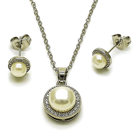 Rhodium Gold Filled Earring and Pendant Adult Set, Cluster Design, with Ivory Pearl and White Micro Pave, Polished, Rhodium Finish
