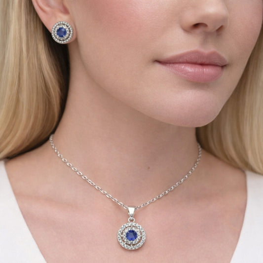 Rhodium Gold Filled Earring and Pendant Adult Set, Cluster Design, with Sapphire Blue and White Cubic Zirconia, Polished, Rhodium Finish