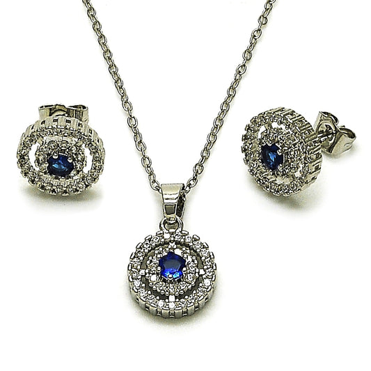 Rhodium Gold Filled Earring and Pendant Adult Set, Cluster Design, with Sapphire Blue and White Cubic Zirconia, Polished, Rhodium Finish