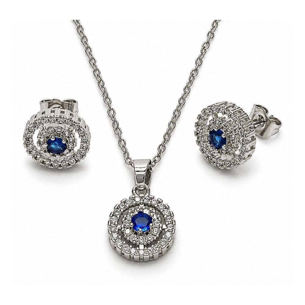 White Gold Filled Earring and Pendant Adult Set, Cluster Design, with Sapphire Blue and White Cubic Zirconia, Polished, Rhodium Finish