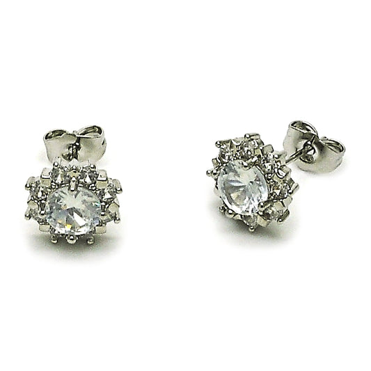 Rhodium Gold Filled Stud Earring, Flower and Cluster Design, with White Cubic Zirconia, Polished, Rhodium Finish