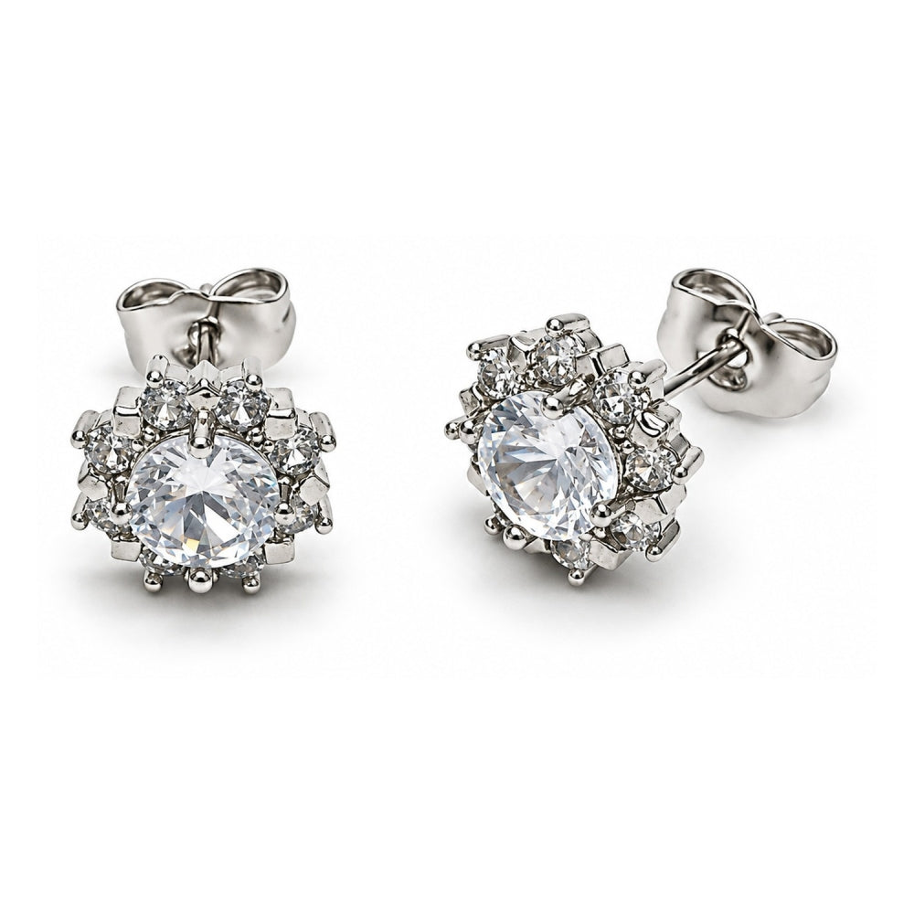 White Gold Filled Stud Earring, Flower and Cluster Design, with White Cubic Zirconia, Polished, Rhodium Finish