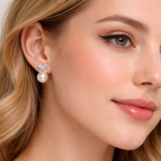 White Gold Filled Stud Earring, Butterfly and Ball Design, with Ivory Pearl and White Cubic Zirconia, Polished, Rhodium Finish