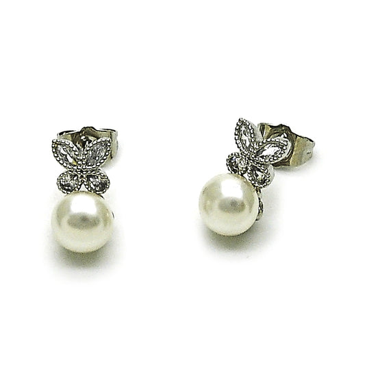 Rhodium Gold Filled Stud Earring, Butterfly and Ball Design, with Ivory Pearl and White Cubic Zirconia, Polished, Rhodium Finish