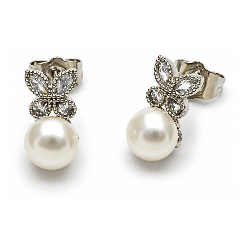 White Gold Filled Stud Earring, Butterfly and Ball Design, with Ivory Pearl and White Cubic Zirconia, Polished, Rhodium Finish