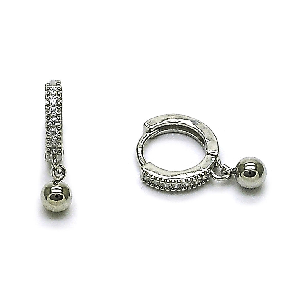 Rhodium Gold Filled Huggie Hoop, Ball Design, with White Cubic Zirconia, Polished, Rhodium Finish