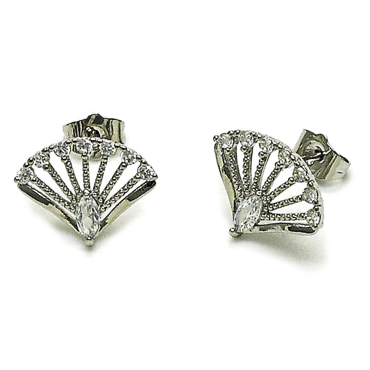 Rhodium Gold Filled Stud Earring, Peacock Design, with White Cubic Zirconia, Polished, Rhodium Finish