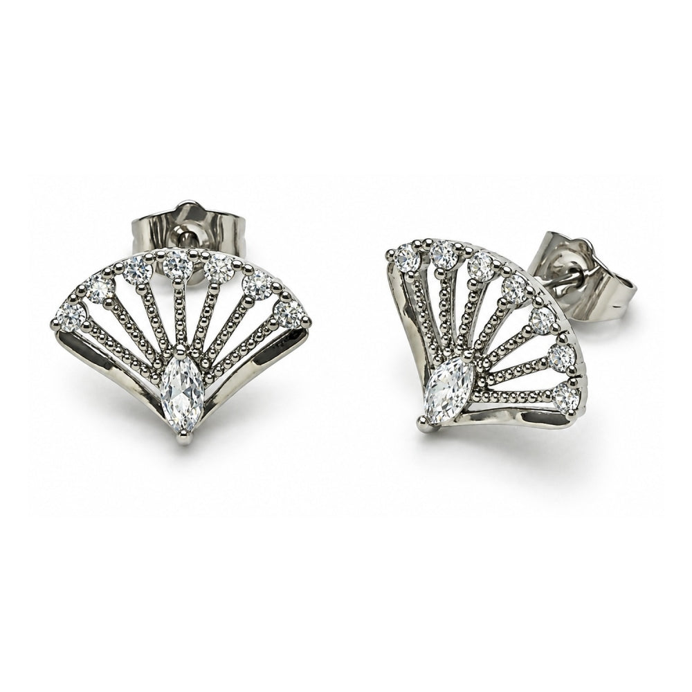 White Gold Filled Stud Earring, Peacock Design, with White Cubic Zirconia, Polished, Rhodium Finish