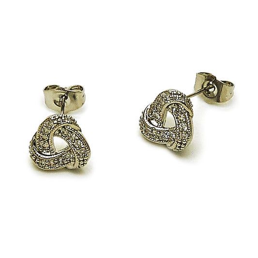 Rhodium Gold Filled Stud Earring, Love Knot Design, with White Cubic Zirconia, Polished, Rhodium Finish