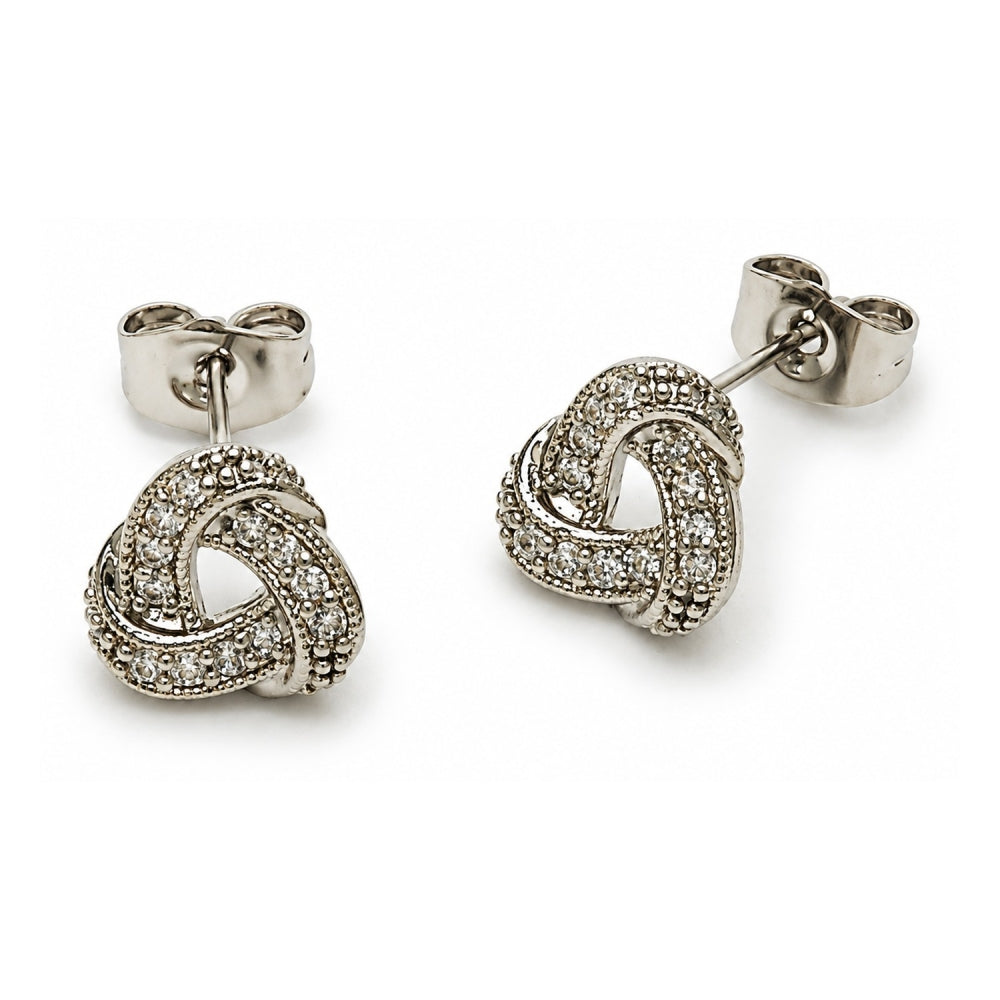 White Gold Filled Stud Earring, Love Knot Design, with White Cubic Zirconia, Polished, Rhodium Finish