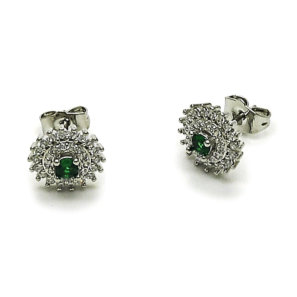 Rhodium Gold Filled Stud Earring, Cluster Design, with White and Green Cubic Zirconia, Polished, Rhodium Finish
