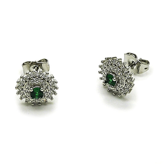 Rhodium Gold Filled Stud Earring, Cluster Design, with White and Green Cubic Zirconia, Polished, Rhodium Finish