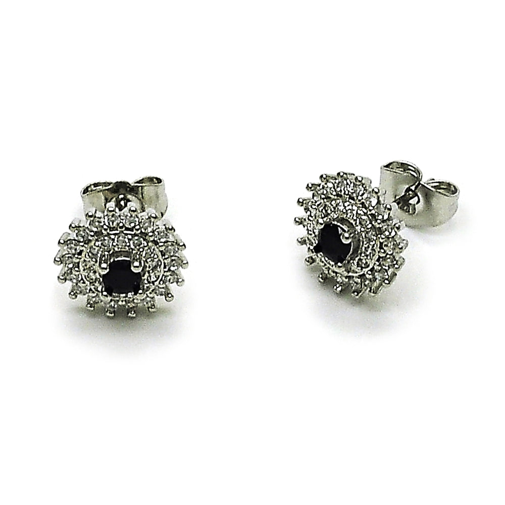 Rhodium Gold Filled Stud Earring, Cluster Design, with Black and White Cubic Zirconia, Polished, Rhodium Finish