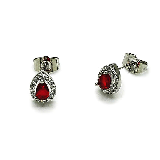 Rhodium Gold Filled Stud Earring, Teardrop and Cluster Design, with Garnet Cubic Zirconia and White Micro Pave, Polished, Rhodium Finish
