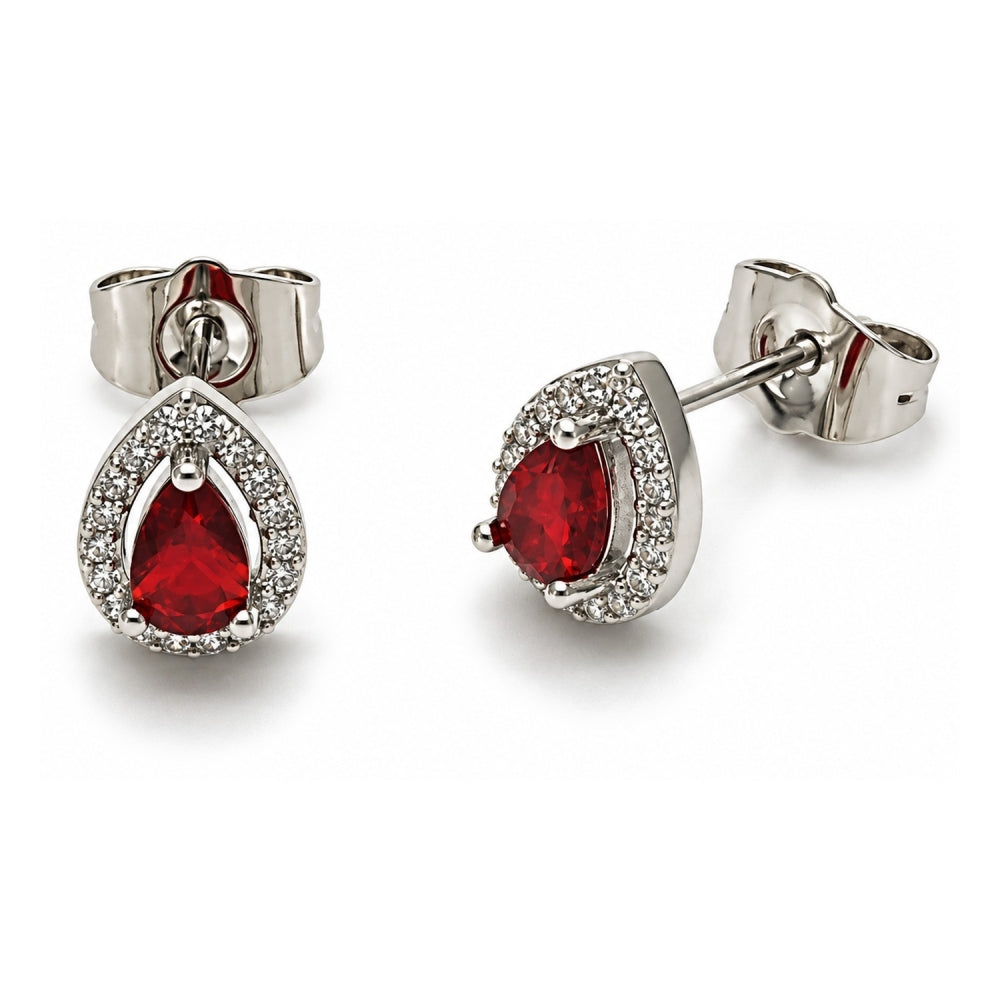 White Gold Filled Stud Earring, Teardrop and Cluster Design, with Garnet Cubic Zirconia and White Micro Pave, Polished, Rhodium Finish