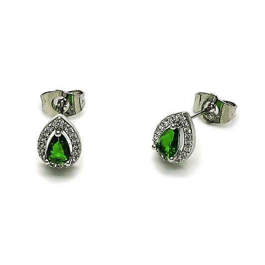 Rhodium Gold Filled Stud Earring, Teardrop and Cluster Design, with Green Cubic Zirconia and White Micro Pave, Polished, Rhodium Finish
