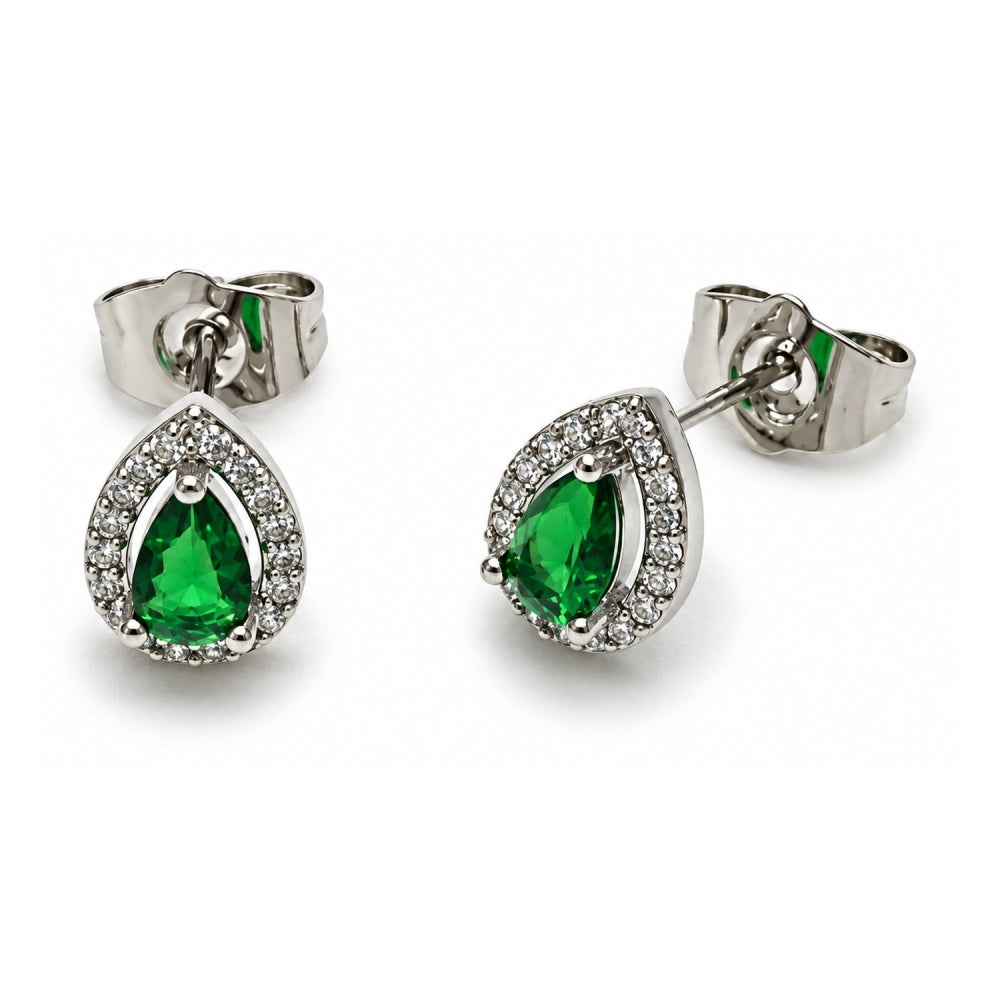 White Gold Filled Stud Earring, Teardrop and Cluster Design, with Green Cubic Zirconia and White Micro Pave, Polished, Rhodium Finish