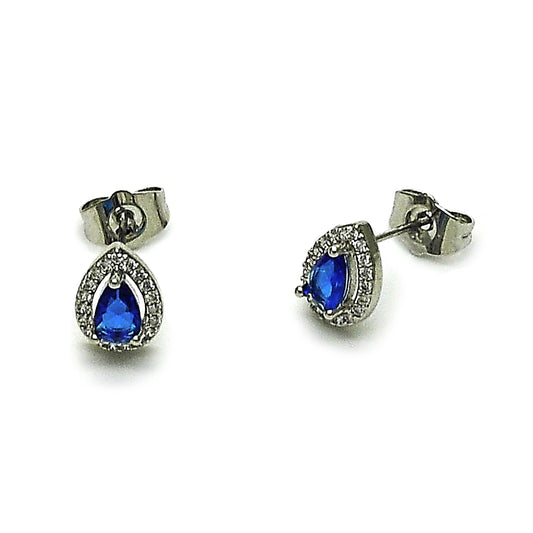 Rhodium Gold Filled Stud Earring, Teardrop and Cluster Design, with Sapphire Blue Cubic Zirconia and White Micro Pave, Polished, Rhodium Finish