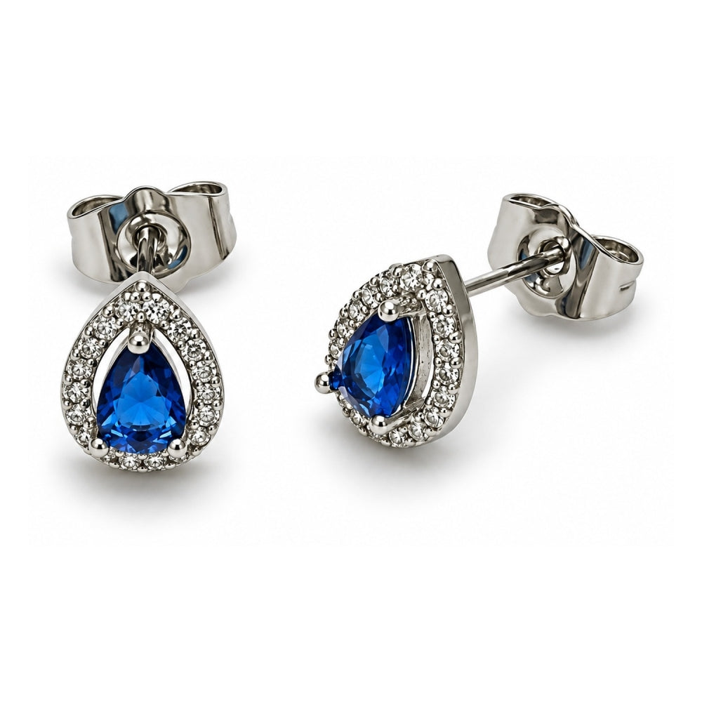 White Gold Filled Stud Earring, Teardrop and Cluster Design, with Sapphire Blue Cubic Zirconia and White Micro Pave, Polished, Rhodium Finish