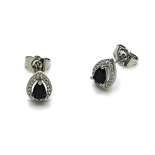 Rhodium Gold Filled Stud Earring, Teardrop and Cluster Design, with Black Cubic Zirconia and White Micro Pave, Polished, Rhodium Finish